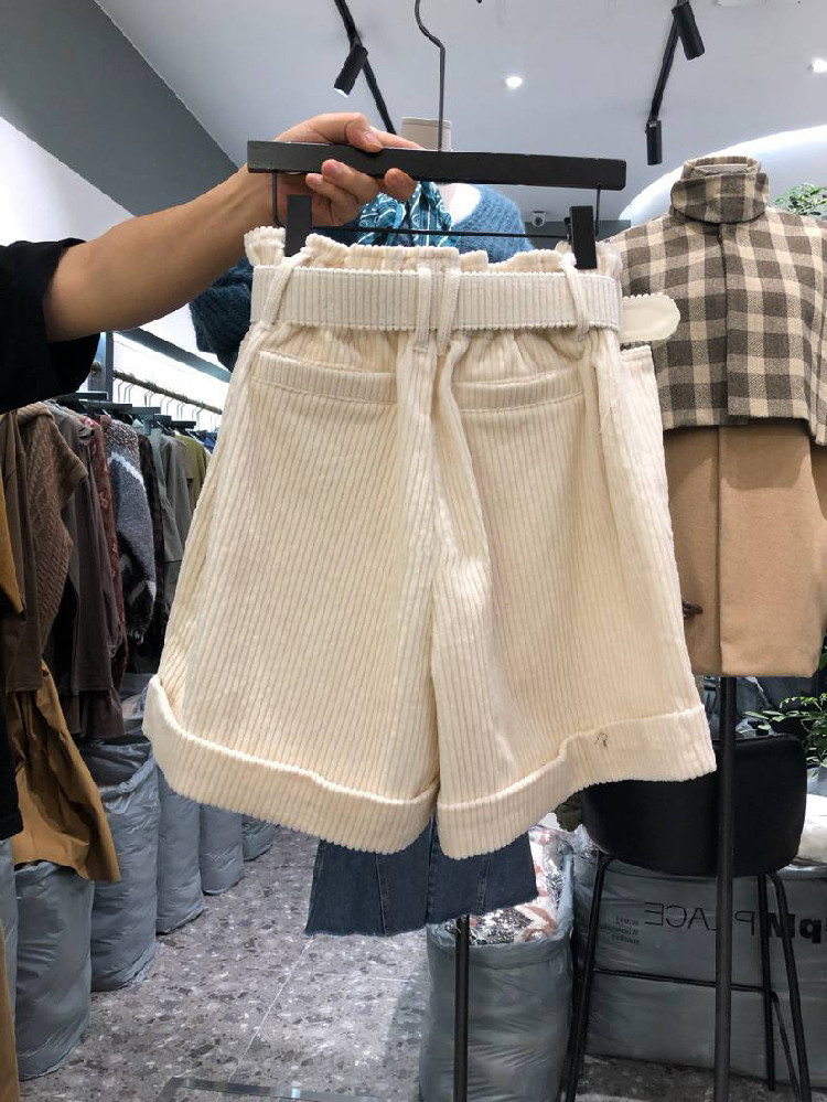 Nomikuma New Corduroy Women Shorts Korean Belt High Waist Wide Leg Short Causal Solid Autumn Winter Bottoms Femme 6D141 210427