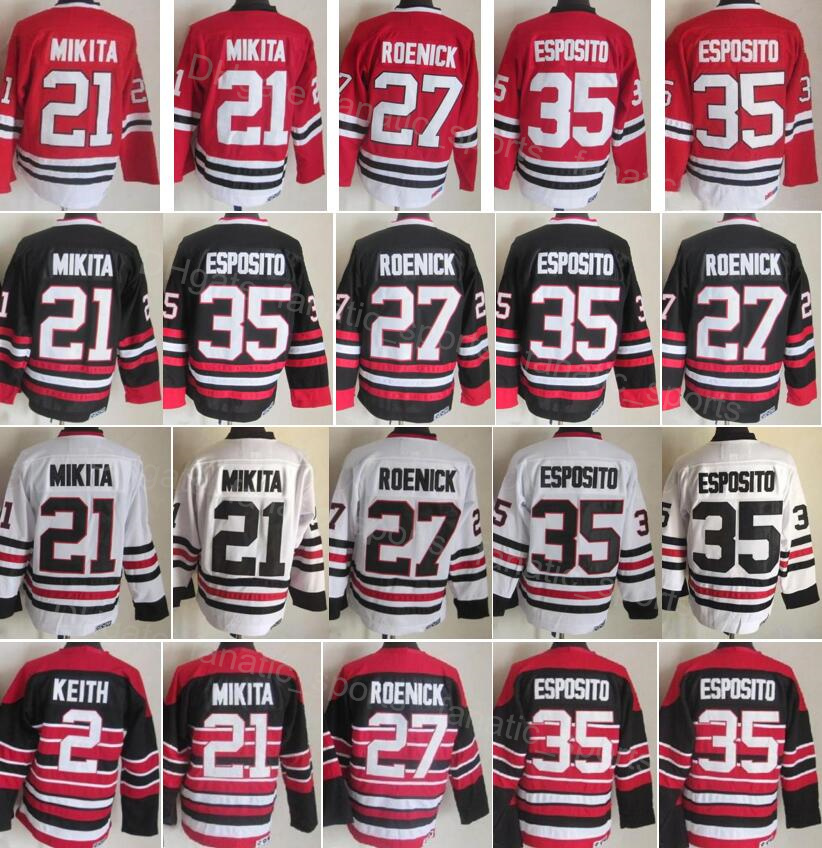 

Men Retro Ice Hockey Vintage 2 Duncan Keith Jerseys 35 Tony Esposito 27 Jeremy Roenick 21 Stan Mikita Home Black Red White Away Breathable Stitched Sport HeiYing, 2 black