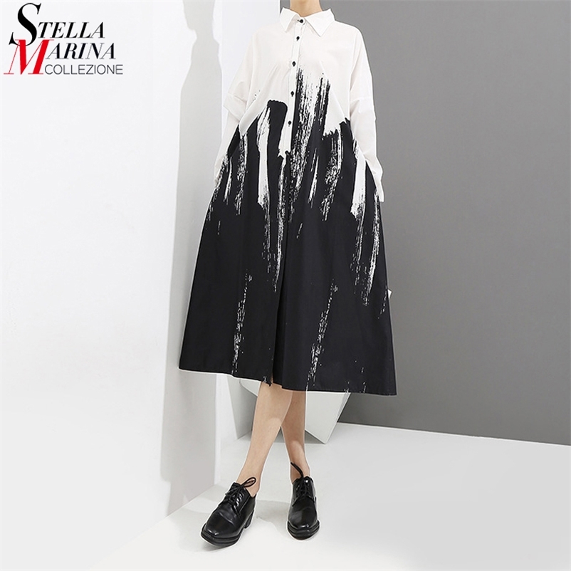 Painting Style Long Sleeve Woman Black And White Printed Shirt Dress Tie-Dyed Plus Size Midi Ladies Casual Dress Robe Femme 3400 210409