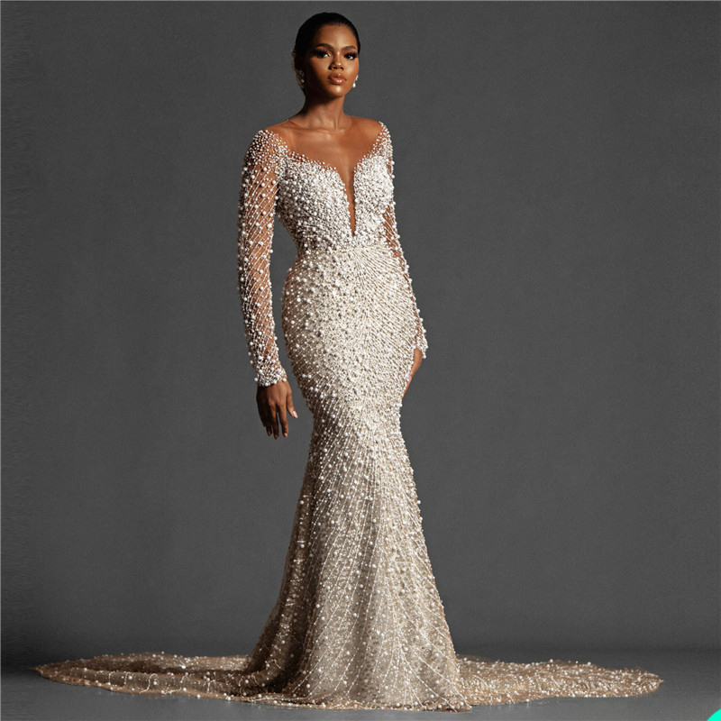 More Pearls Wedding Dresses White Mermaid Bridal Gown Long Sleeves Custom Made O Neck Back Button Floor Length Robe De Mariee