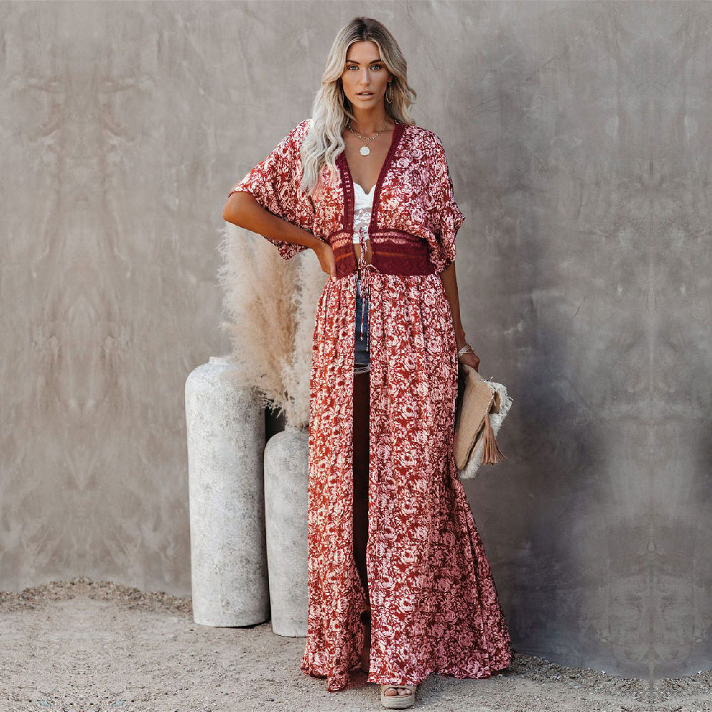 Boho Printed Bikini Cover-ups Plus Size Beach Wear Elegant Self Belted Kimono Dress Women Summer Swimsuit Cover Up A798 210420
