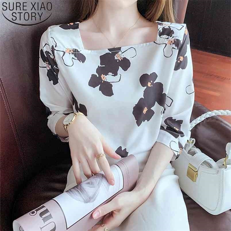 Floral Print Blouses Women Tops Square Collar Silk Fashion Temperament Clothes Summer Three Quarter Sleeve 14287 210506