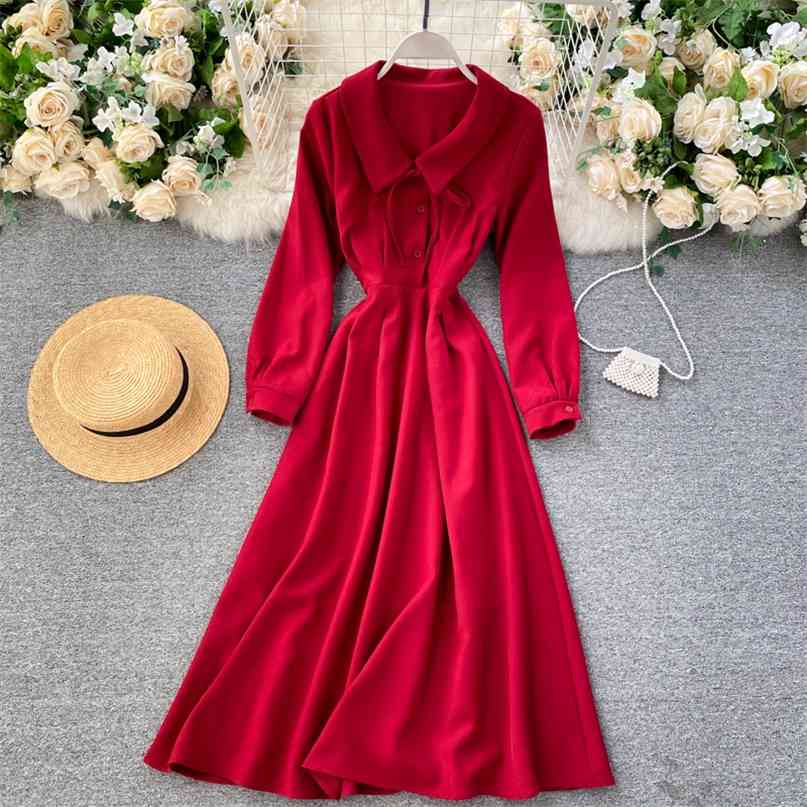 Lady Fashion Autumn A-line Dress Women Lapel Long Sleeve High Waist Thin Elegant Clothes Vestidos De Mujer P877 210527