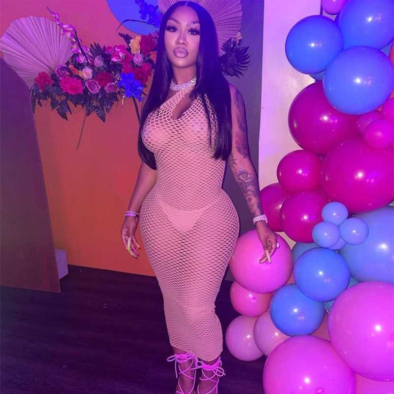 Stylish Streetwear Sexy Maix Dress Spring Summer Women Turtleneck Long Sleeve Mesh See-through Vestidos Party Club Clothes 210224