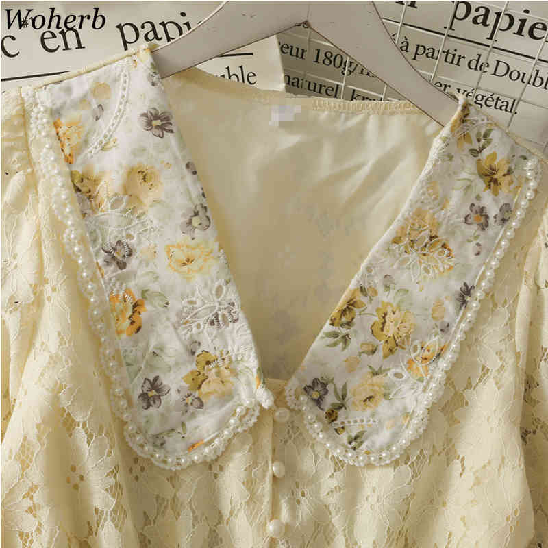 Elegant Lace Patchwork Hollow Out Blouse Women Peter Pan Collar Long Sleeve Cropped Blusas Spring Summer Shirt 210519