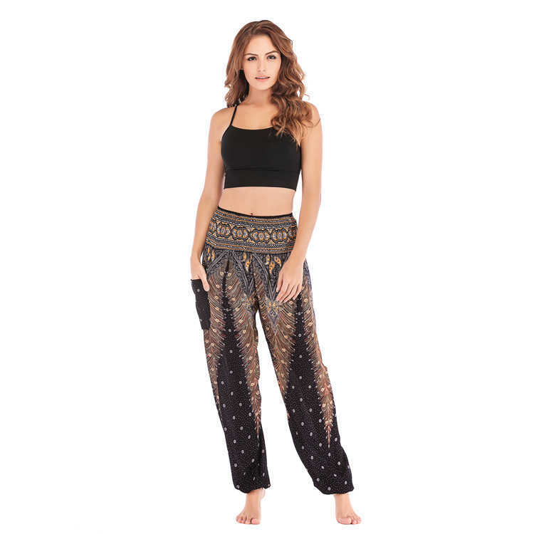 Thailand Peacock Feather Print High Waist Pants For Women Elastici Pocket Harem Woman Jogger Casual Baggy 210604