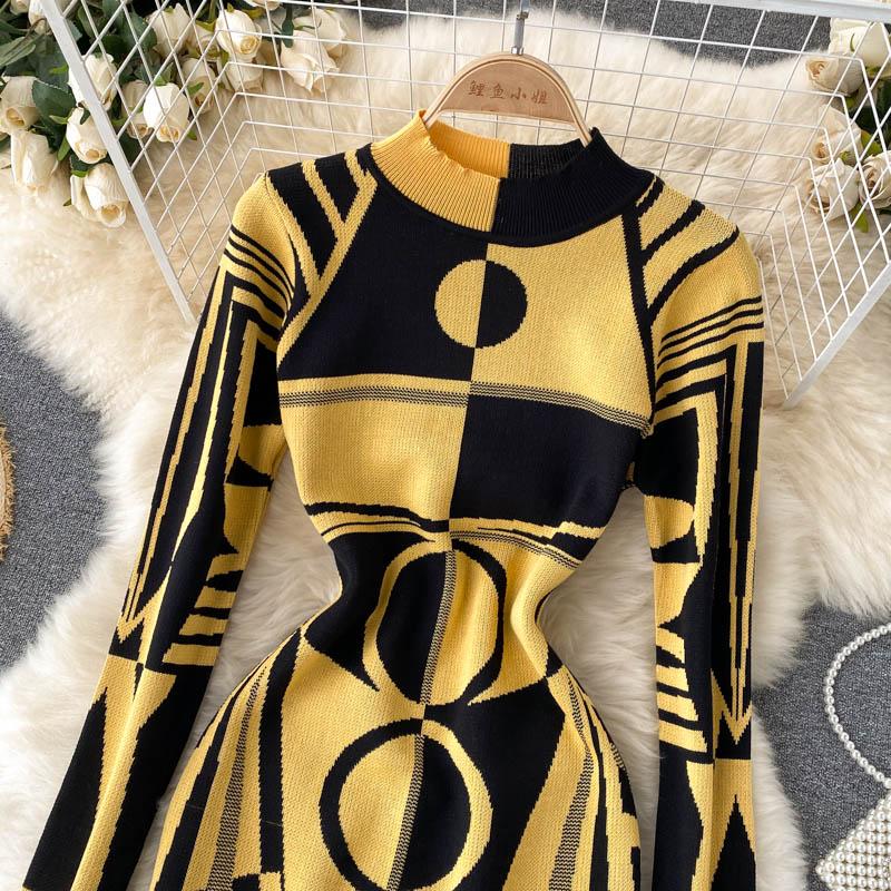 Casual Dresses SINGREINY Women Design Print Knitted Dress Long Sleeve O Neck Elastic Slim Pencil Autumn Winter Sexy Bodycon Sweater B1