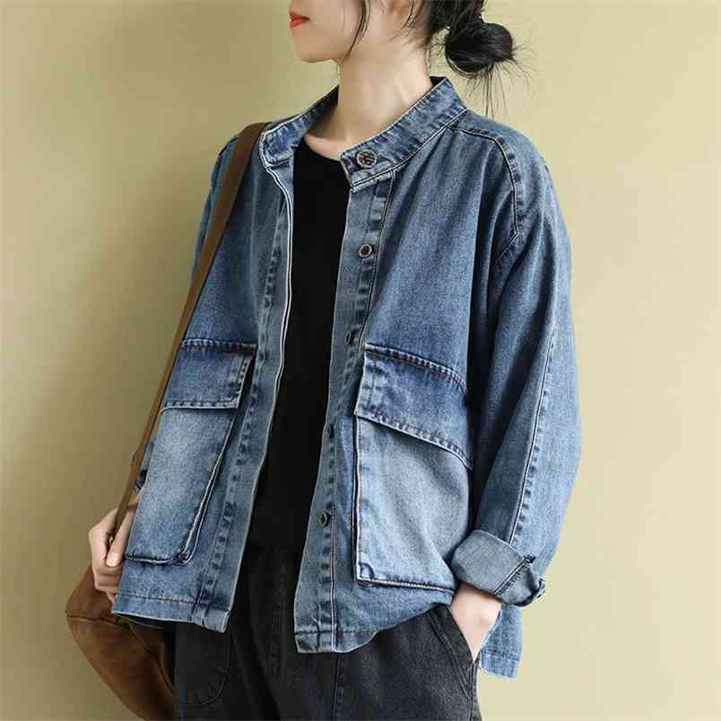 Arrival Spring Korea Fashion Women Long Sleeve Loose Vintage Denim Jecket Big Pocket Stand Collar Casual Short Coat S817 210512