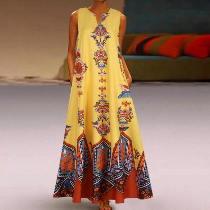 Women Dress V-neck Sleeveless Printing Dresses Plus Size Vintage Sexy Long Flowers Summer Clothes 210513