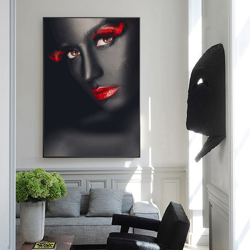 Black Woman Red Lips Posters And Prints Canvas Painting Nordic Style Abstract Portrait Picture Wall Art For Living Room no frame