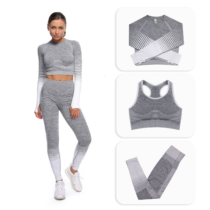 Seamless Yoga suit women' autumn and winter knitting hip lifting high elastic exercise fitness three piece set, Gray
Seamless Yoga suit women' autumn and winter knitting hip lifting high elastic exercise fitness three piece set, Gray