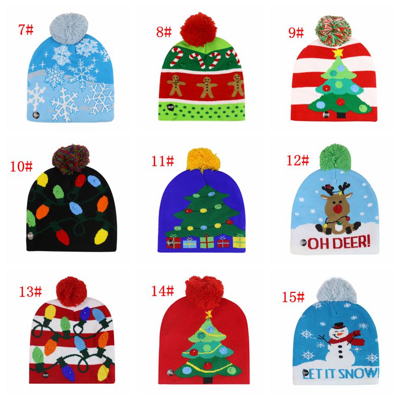 15 Styles LED Christmas Knitted Xmas Party Light Up Beanie Hat Santa Claus Elk Snowman Print Winter Warm Pom Hats Cap DBC VT1217 Free shipping