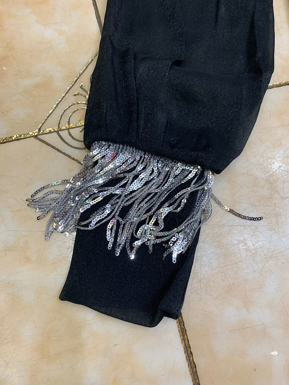 Free Women's Bandage Skirt Set Lapel Long Sleeve Sequined Tassel Shirt & Ladies Two-piece 210524