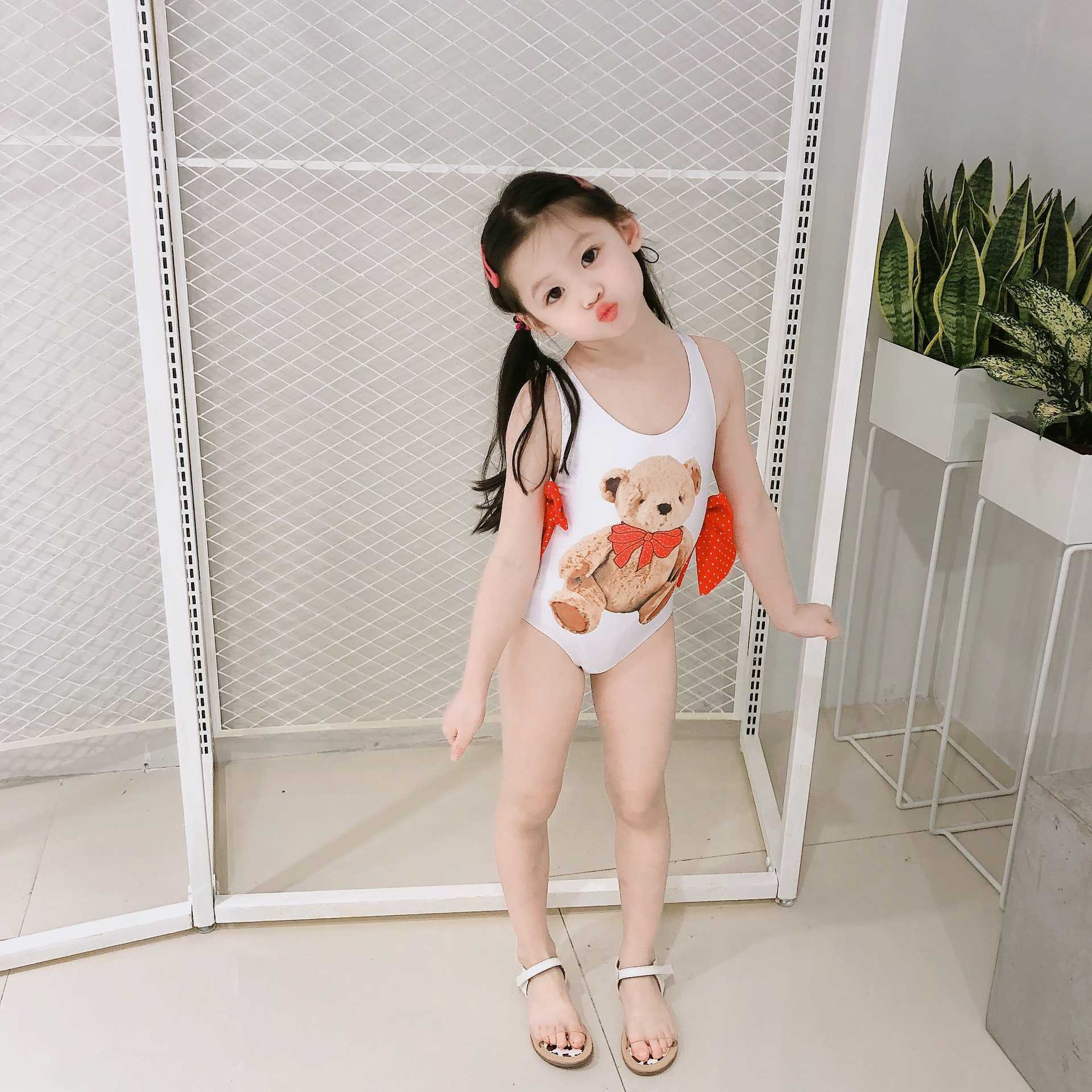 lovely bear baby girls swimwear ruffles bows swimsuit for kids toddler 12M cartoon bathing suit 210529