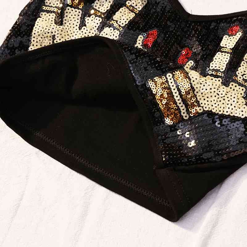 Fashion Women Crop Tops Summer Palm Beaded Sequins Spaghetti Strap Black Short T Shirt Woman Sexy Top 210625