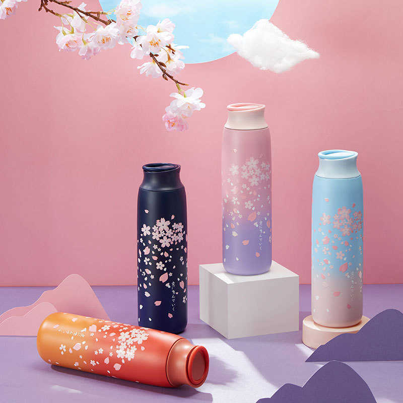 Japanese Style Thermos Bottle Insulated Tumbler Stainless Steel Travel Mug 470ml Big Water Bottle Cherry Vacuum Flask Coffee Mug 210913