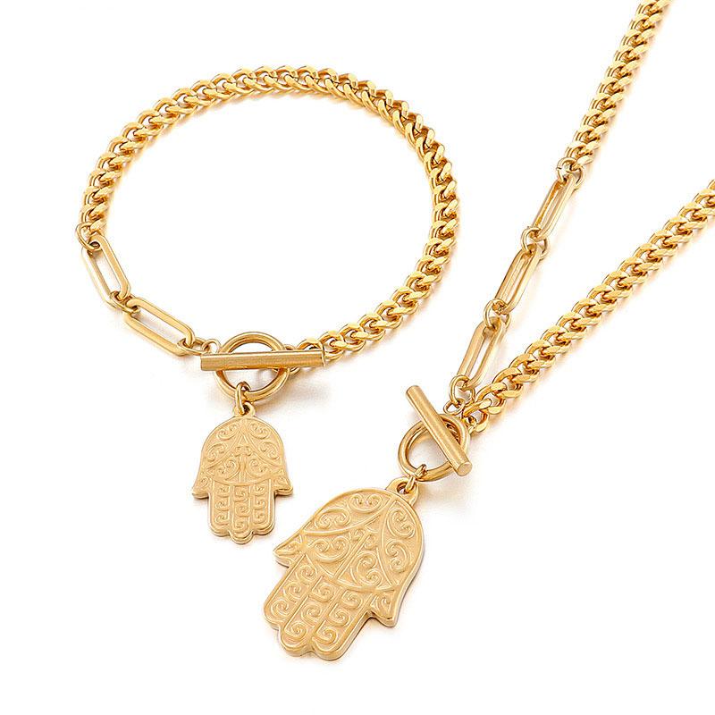 Earrings & Necklace Luxury Gift Fashion Temperament Simple Stainless Steel Personality Hassam Palm OT Buckle Clavicle Female Jewelry Set, Silver
Earrings & Necklace Luxury Gift Fashion Temperament Simple Stainless Steel Personality Hassam Palm OT Buckle Clavicle Female Jewelry Set, Silver