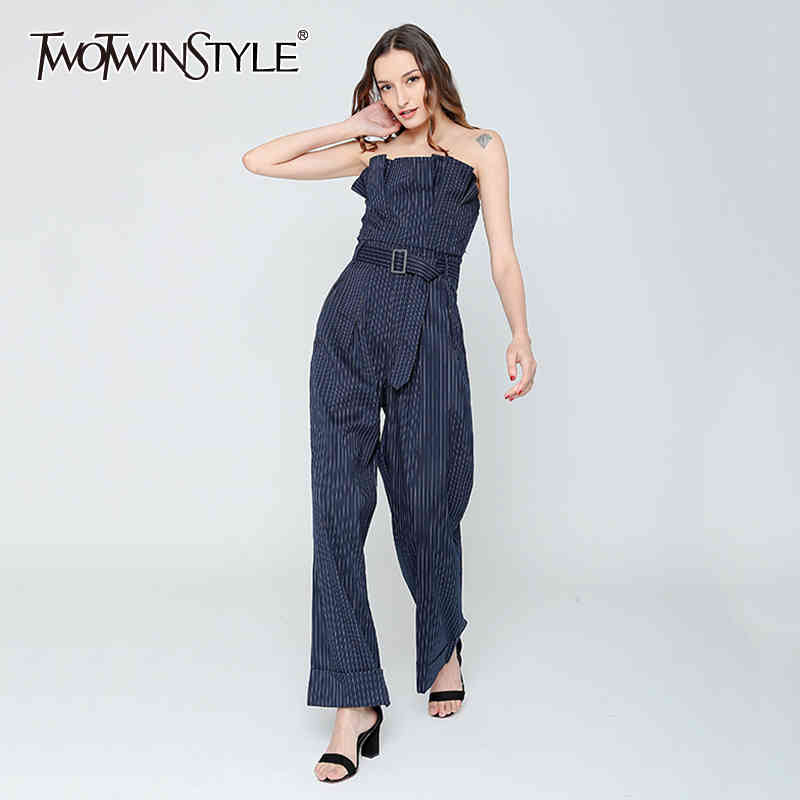 TWOTWINSTYLE Casual Striped Jumpsuit For Women Strapless Sleeveless High Waist Wide Leg Pants Female Jumpsuits Spring Tide 210428