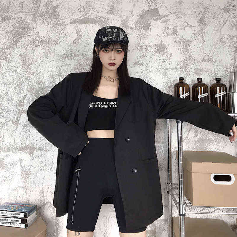 Korean Black Suit Blazers Outerwear Long Sleeve Women Double Breasted Thin Coat Casual Office Spring Clothes 211122