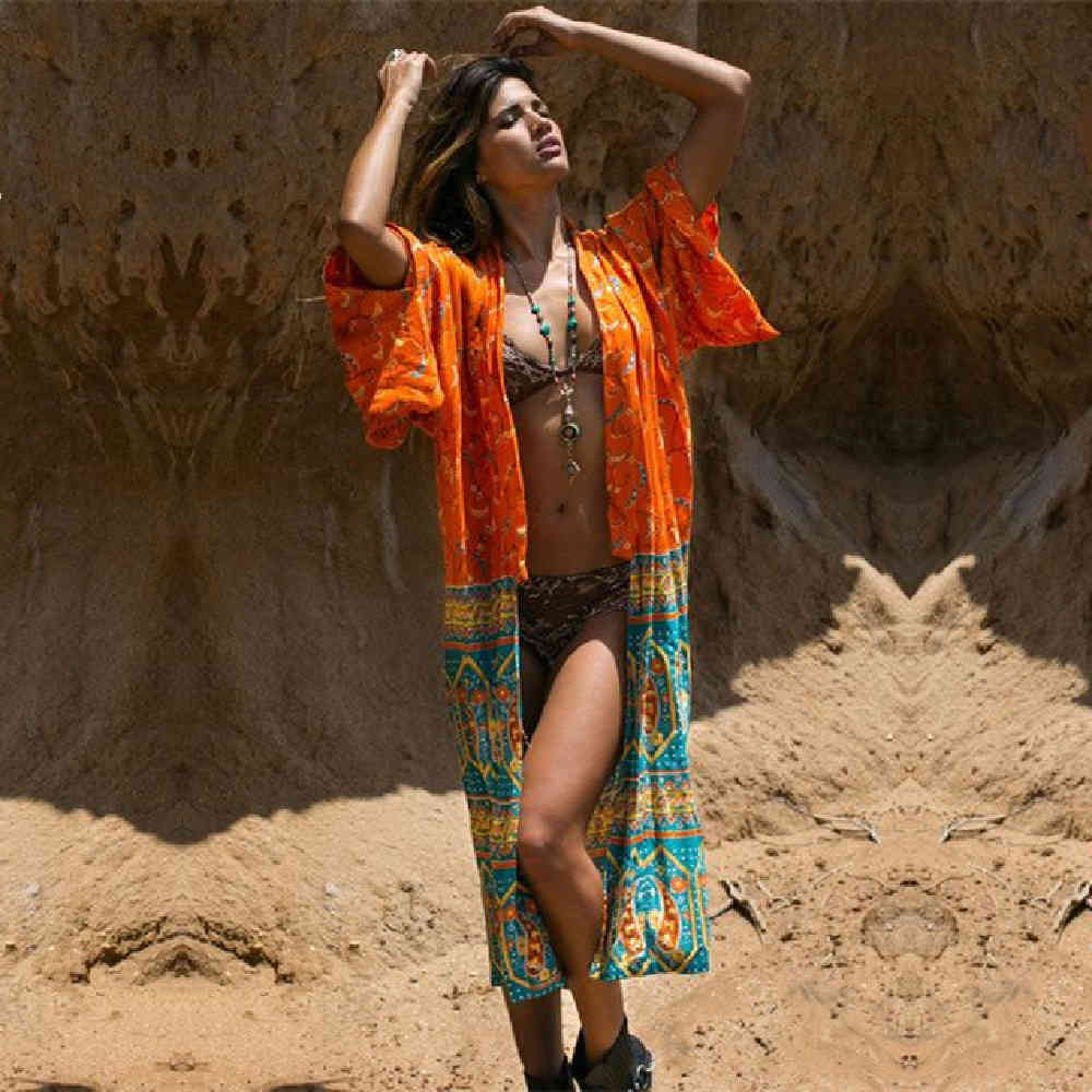 Arrivals Beach Cover up Chiffon Print Long Swimwear Robe de Plage Swimsuit ups Ethnic Beachwear Saida Praia #Q207 210420