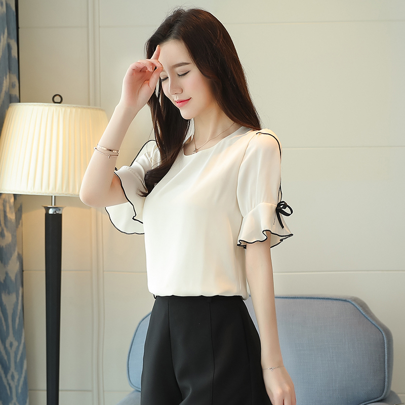 Fashion Chiffon Women Blouse Shirt Bow Short Sleeve Sweet Women's Clothing Pink O-neck Summer Feminine Tops Blusas D621 30 210508