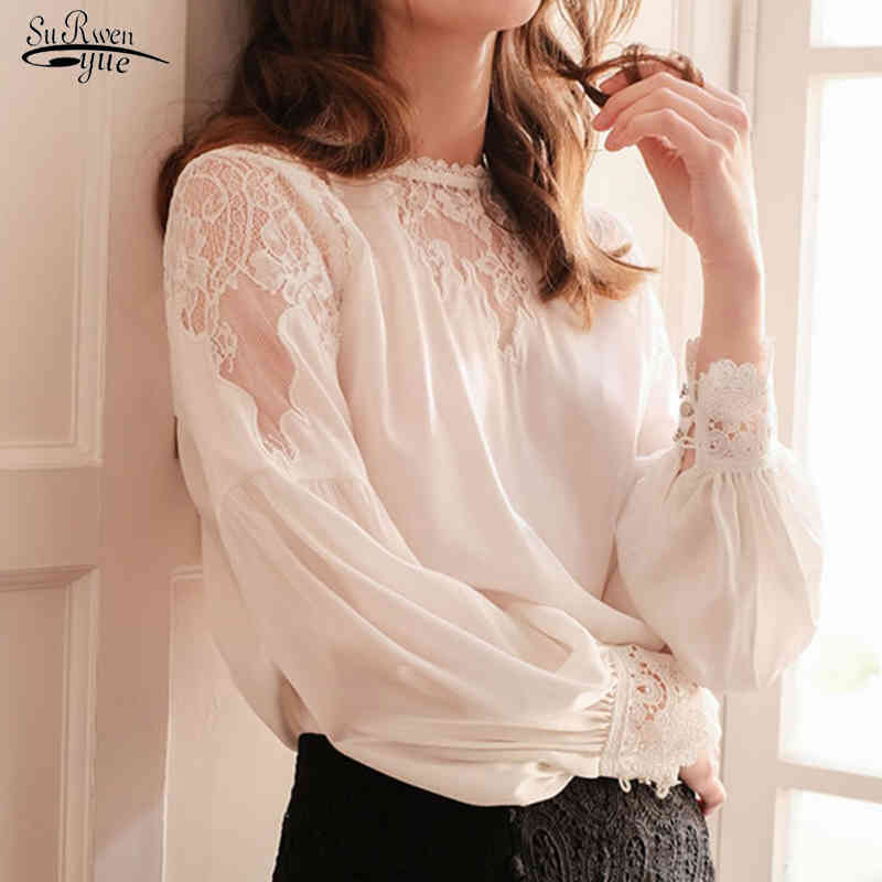 Autumn O-neck Lantern Sleeve Elegant White Silk Blouse Women Sexy Hollow Out Lace Long Blusas Mujer 10226 210427