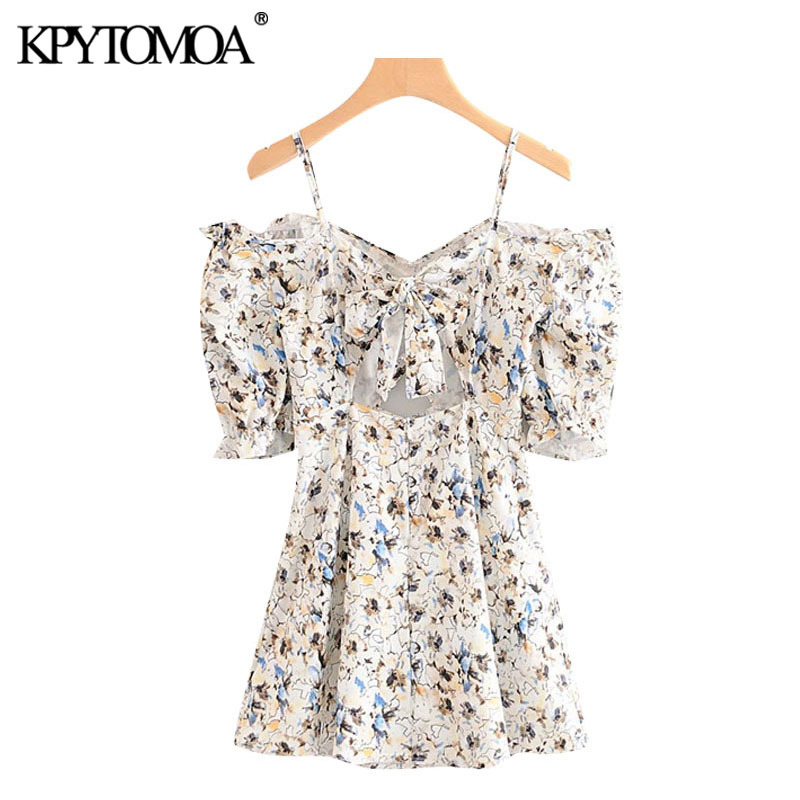 Women Chic Fashion Floral Print Hollow Out Mini Dress Backless Bow Tied Zipper Female Dresses Vestidos 210420