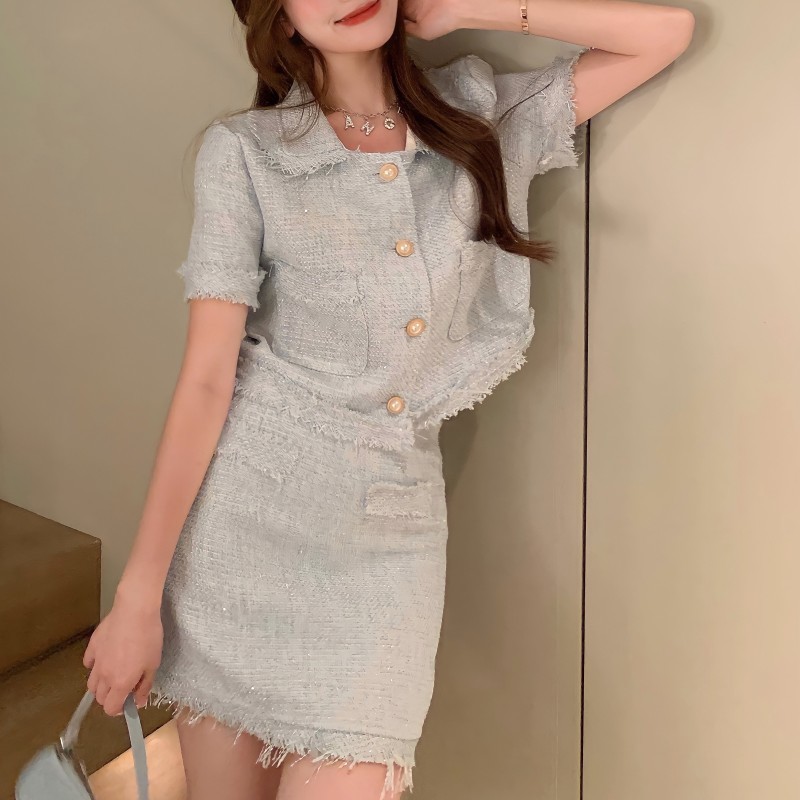 Korea Two Piece Set Women Elegant Fashion Tweed Peter Pan Collar Short Sleeve Crop Top + Bodycon Tassel Mini Skirt Suit 210519