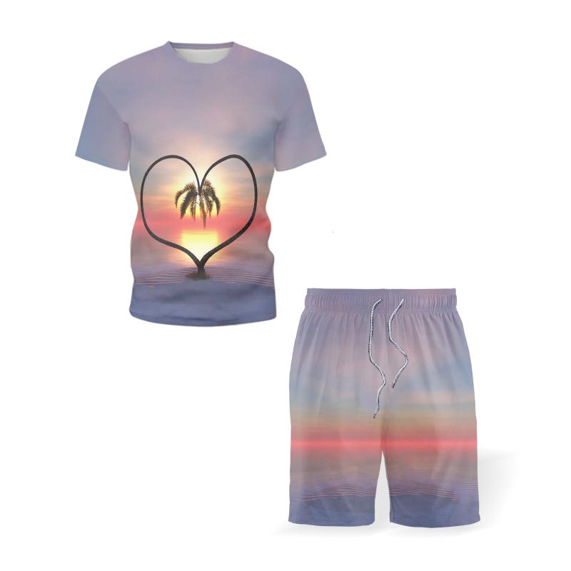 Men's Tracksuits Beach Casual Sports Outfits Summer Trendy Short Shirt Mens Sets Straw Shed Sea View Printed Male Tshirt Shorts 2-Piece Set