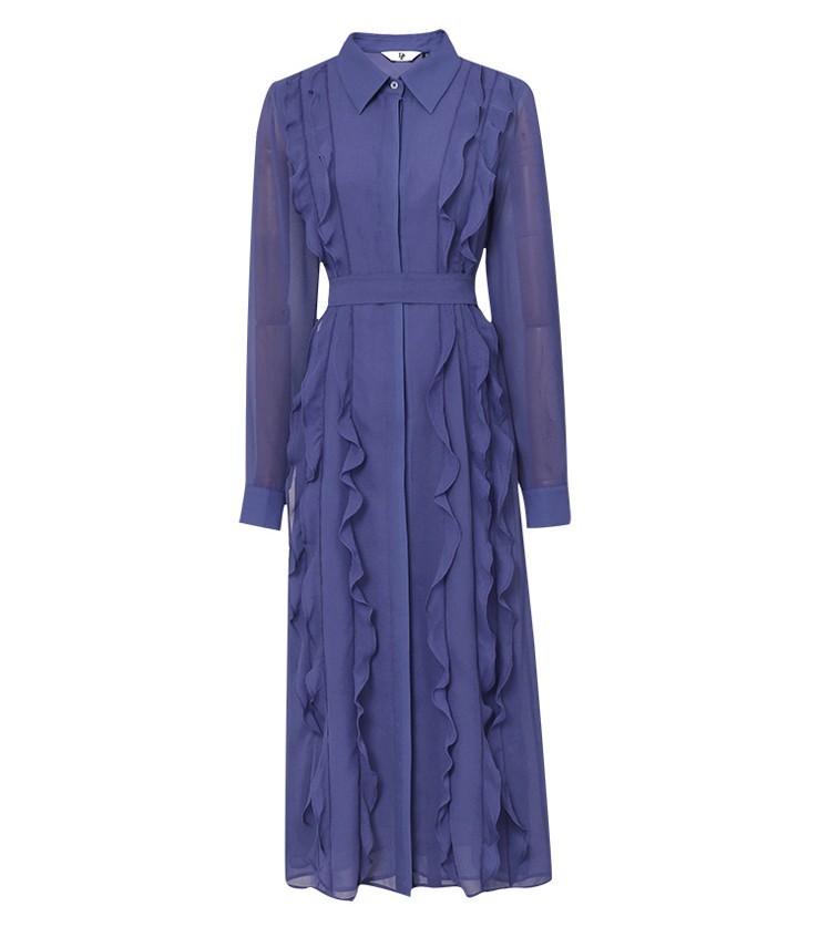 Autumn Elegant Chiffon Dress Women Long Sleeve Single-Breasted Layers Ruffles Shirt Female Party Robe 210519