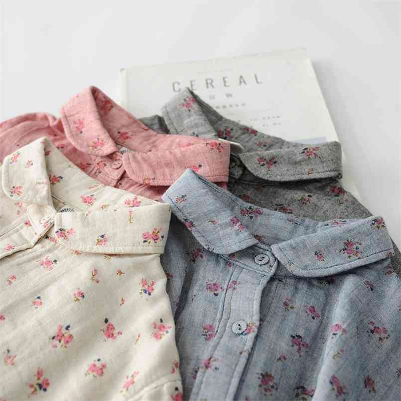 Autumn Arts Style Women Long Sleeve Loose Shirts All-matched Casual Peter Pan Collar Mori Girl Cotton Print Blouse Tops S94 210512