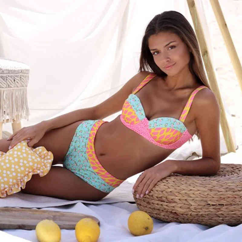 MYTENG Sexy Push Up Swimwear Bikinis Printed Bathing Suit Mujer Swimming For Women High Waist Swimsuit XL Biquini 210522