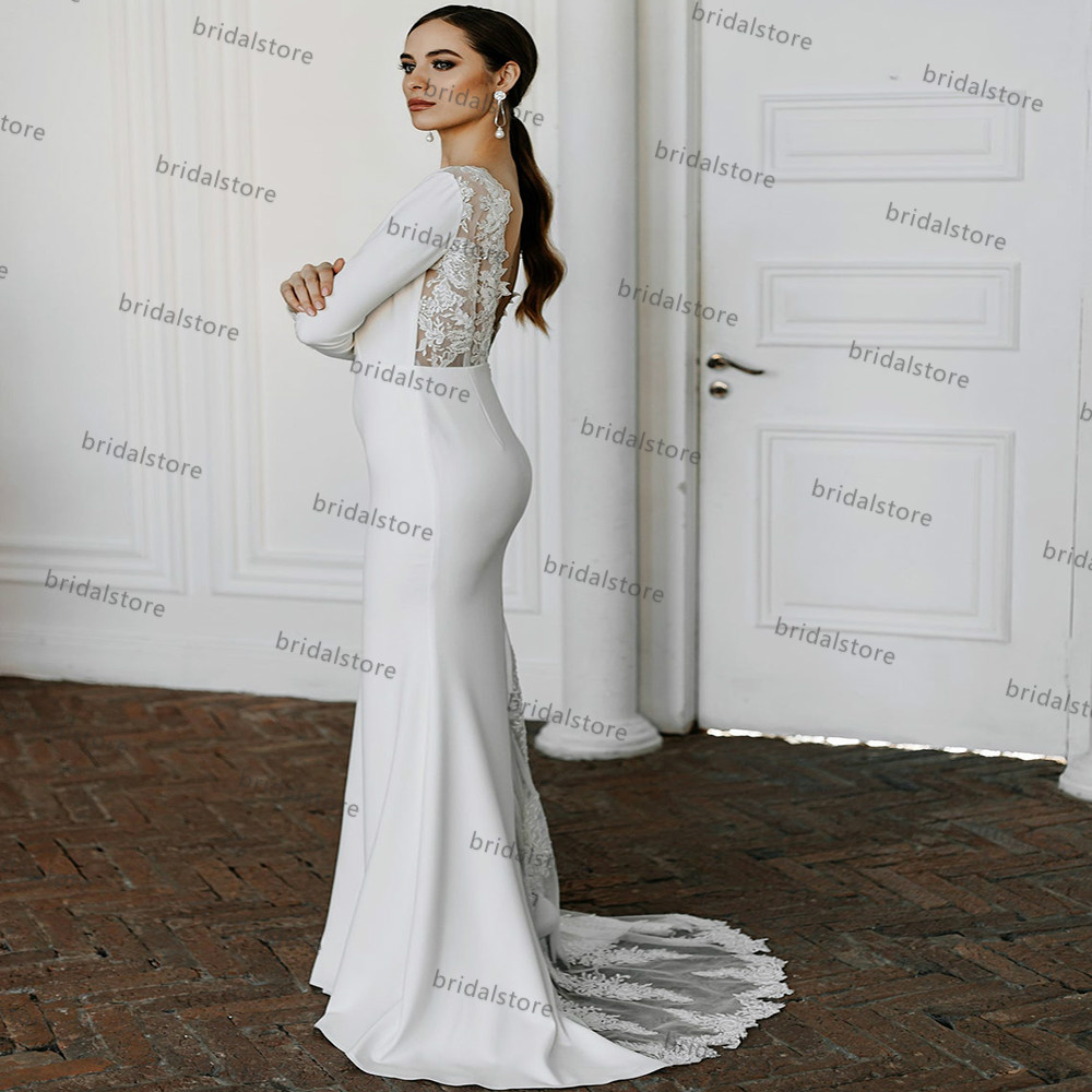 Simple Backless Beach Mermaid Wedding Dress With Long Sleeve Lace Boho Bridal Dresses Chic Satin Civil Bride Gowns Bohemain Women Robes De Mariage Ves