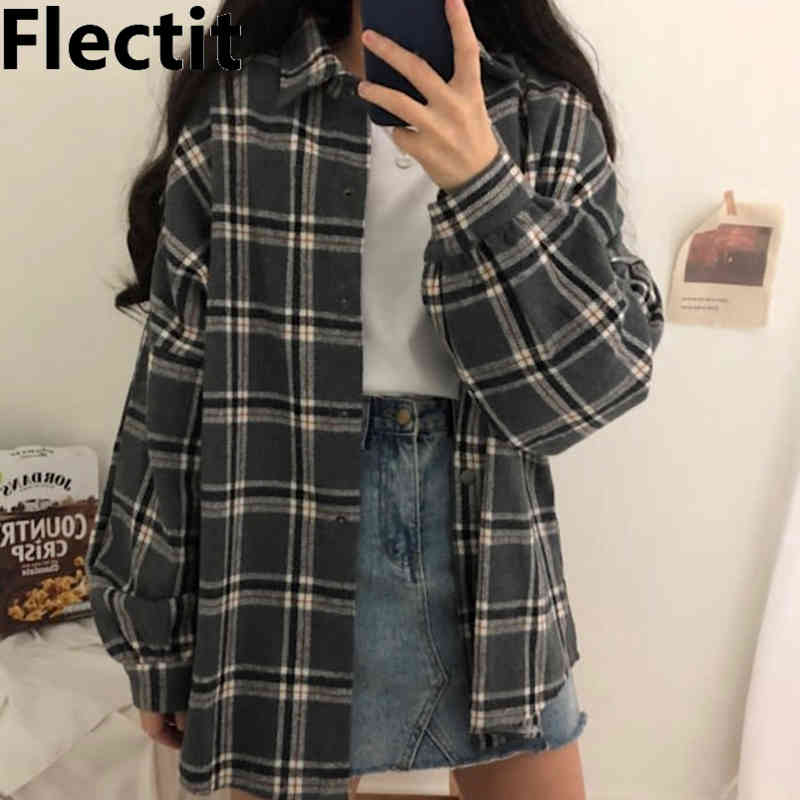 Flectit Flannel Oversized Shirt Long Sleeve Collared Boyfriend Plaid Blouse Fall Winter Women's Blouses & Shirts * 210402