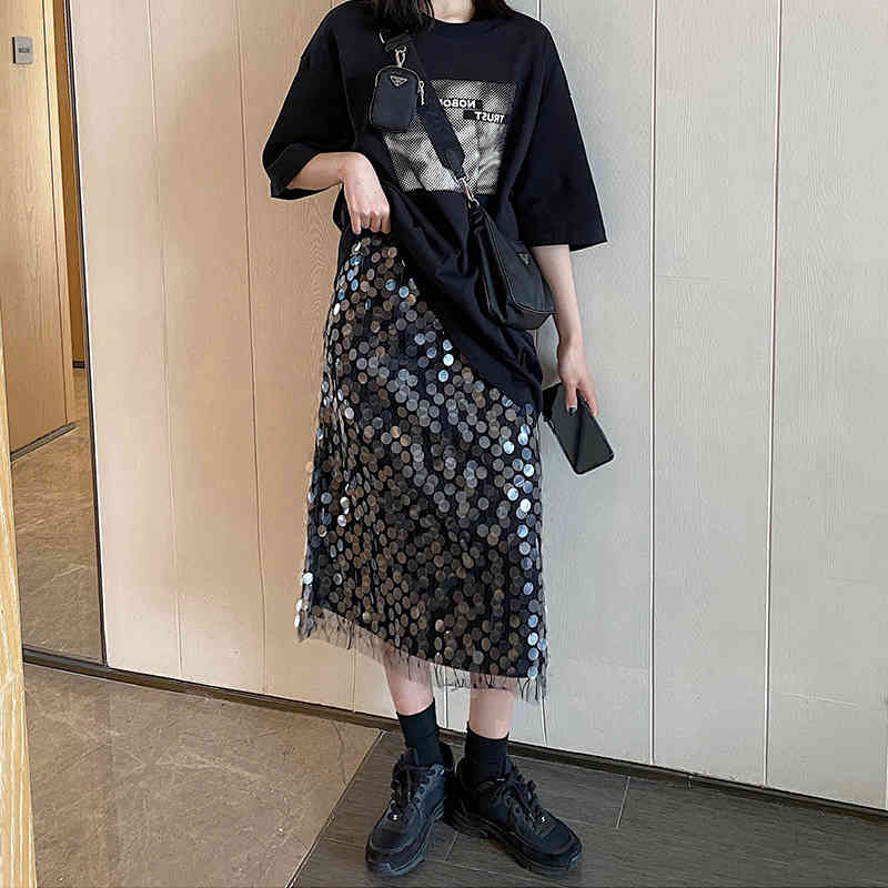 Midi Skirt High Waist Show Thin Sequins Sparkle Loose Straight Tube Black Street Scale Minority Bottom 210510