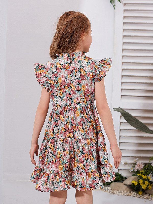 Girls Mock Neck Butterfly Sleeve Allover Floral Dress SHE