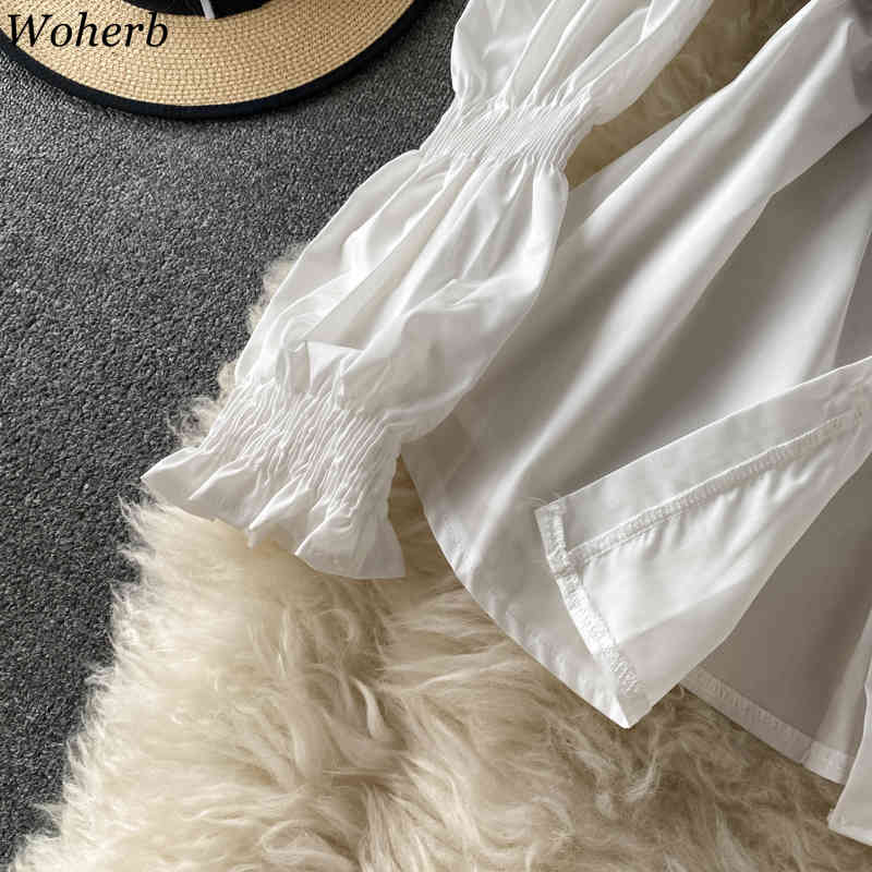 Women Casual All Match Two Pieces Set Black Belt Vest + Long Puff Sleeve White Shirt Blouse Korean Cool Streetwear 210519