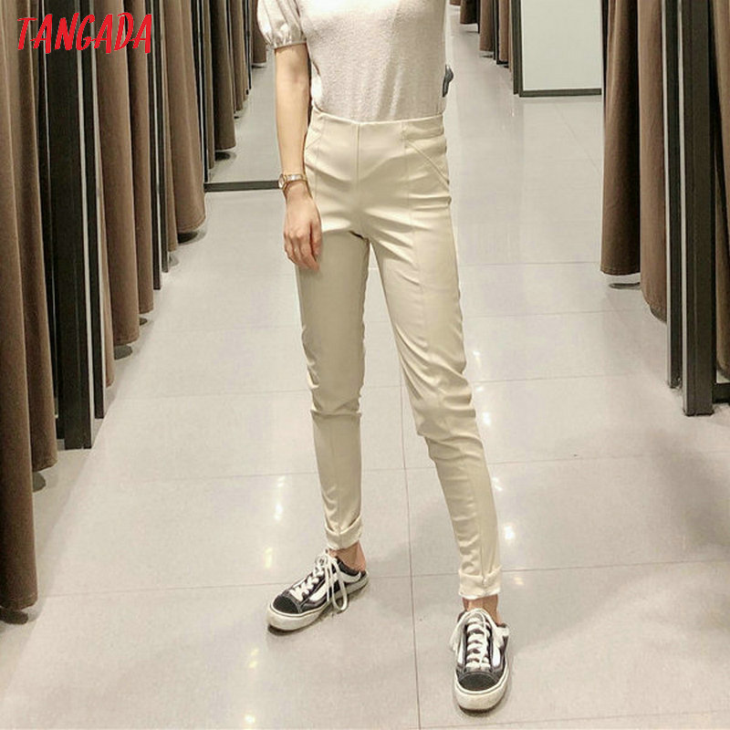 women black white skinny PU leather stretch zipper female autumn winter pencil pants trousers 6A04 210416