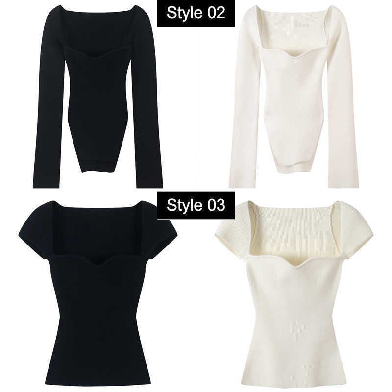 Autumn Women's Sweater Square Collar Long Sleeve Knitted Pullover Jumper Fashion Elegant Knit Top White Black 211007