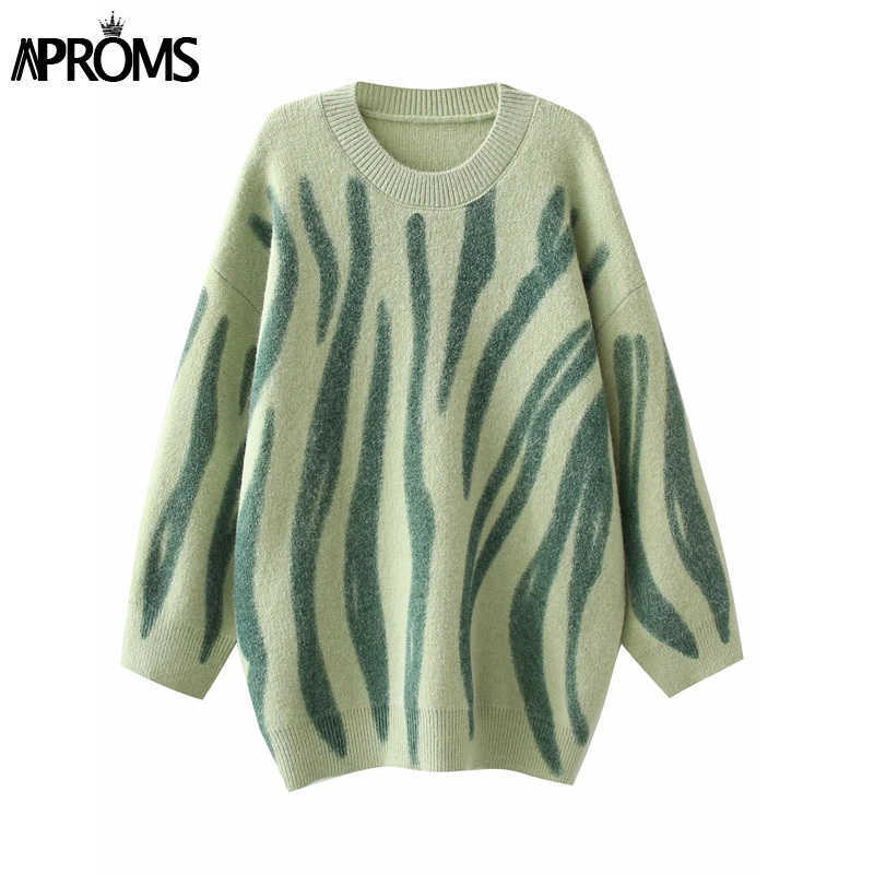 Aproms Korean Fashion Khaki Stripes Print Loose Sweater Winter Hip-Pop Oversized Long Pullovers Streetwear Outerwear 210908