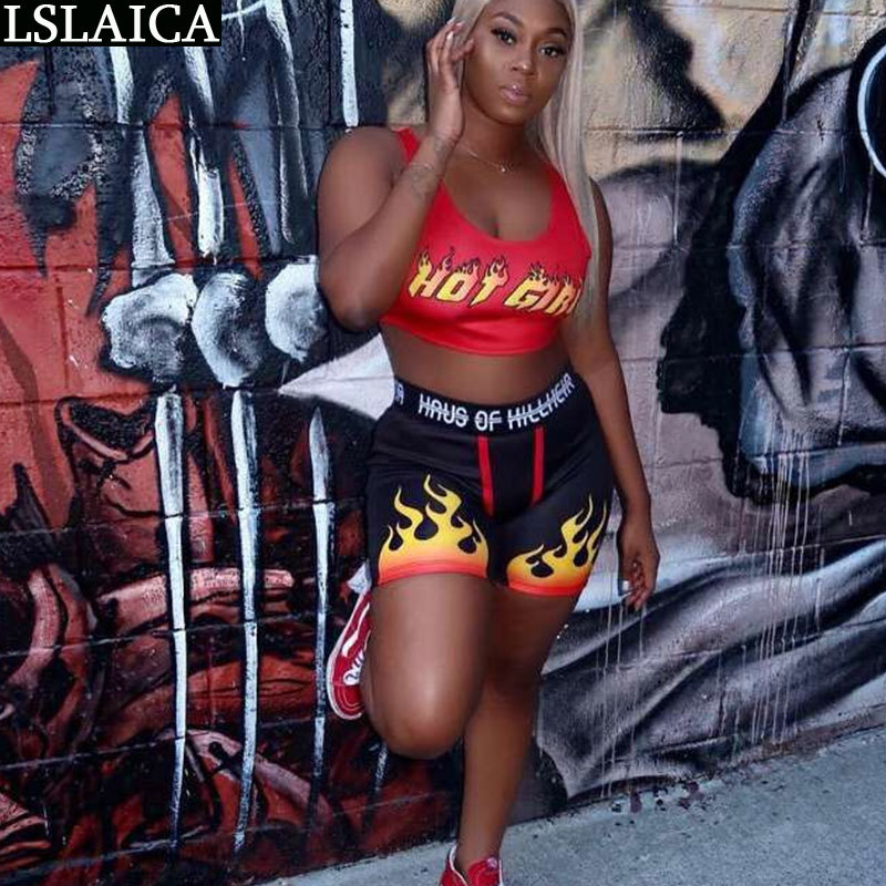Two Piece Tank Top&Biker Shorts Letter Flame Print Casual Women Suits Sporty Outfits For Fitness Fashion Sets 210515