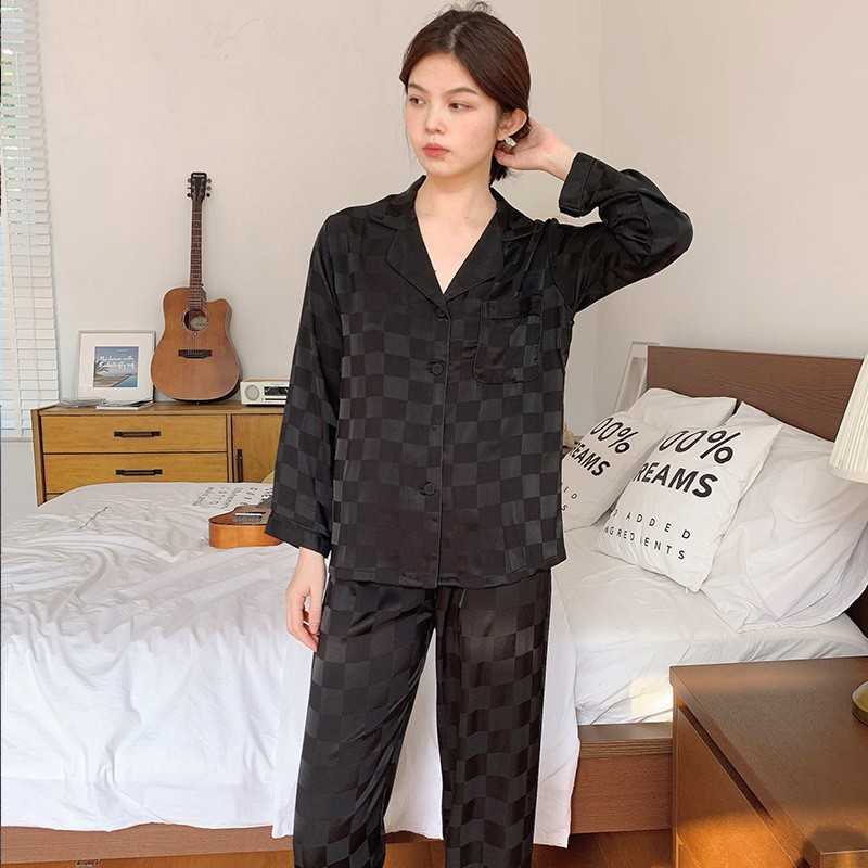 Women Satin Plaid Sleepwear Pajamas Casual Nightwear Lounge Wear Soft Intimate Lingerie Pyjamas 2PCS Shirt&Pants Q0706