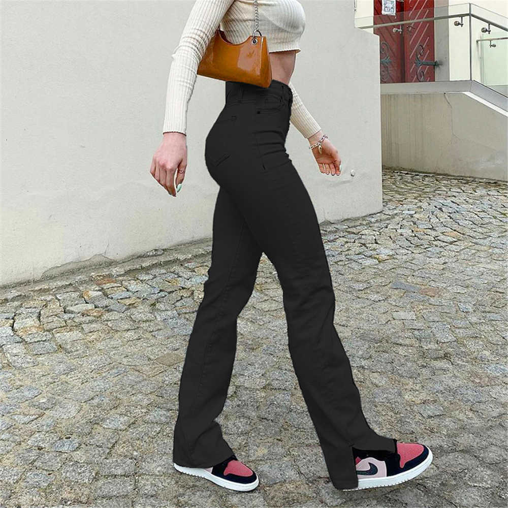 White Jeans Women High Waist Straight Ankle Split Casual Denim Trousers Office Lady Slim Pants Female Summer 210922