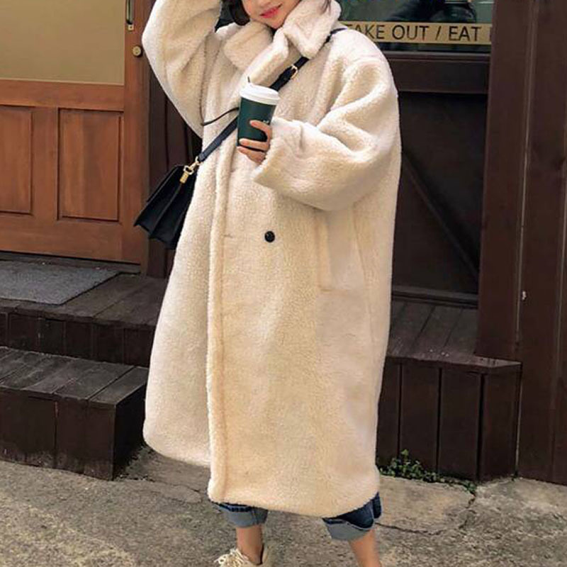 Winter Women Solid Lamb Fur Coat Long Sleeve Casual Fleece Jacket Turn Down Collar Teddy Outerwear 210515