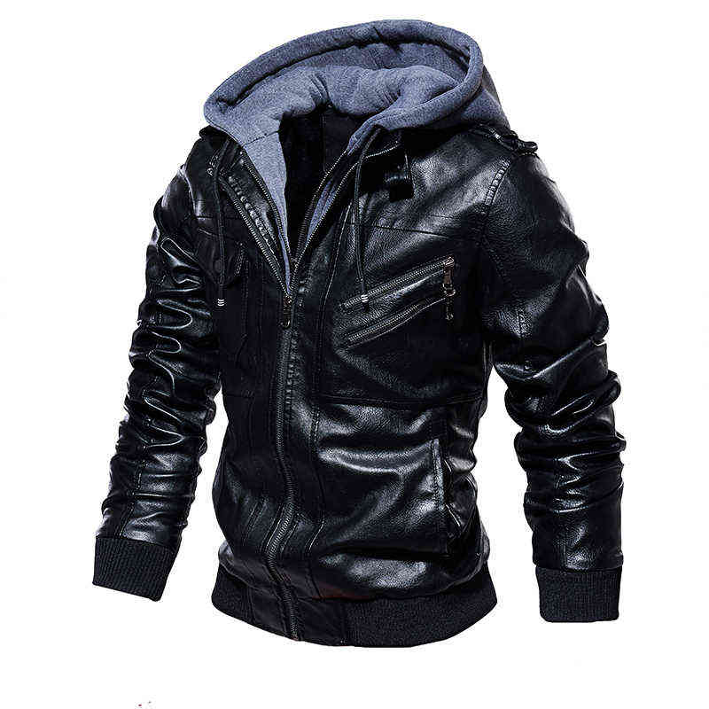 Casual Motorcycle PU Jacket Mens Winter Autumn Fashion Leather Jackets Male Slim Removable Hooded Warm Outwear Fleece Clothing 211222