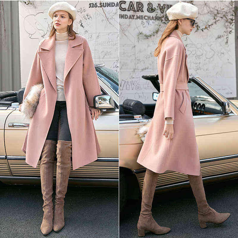 Minimalism Women Winter Solid Double Woolen Coat Fashion Causal Lapel Belt 100%Wool Female Long 11970505 210527