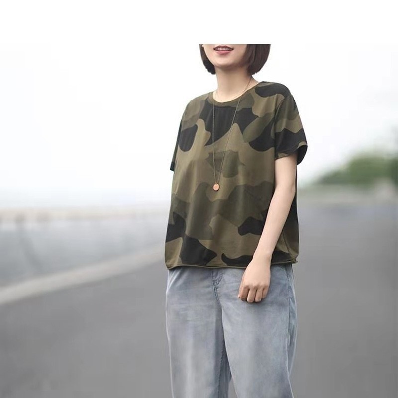 Arrival Summer Korean Style Women Loose Casual Short Sleeve O-neck T Shirt Camouflage Print Cotton T-shirt W10 210512