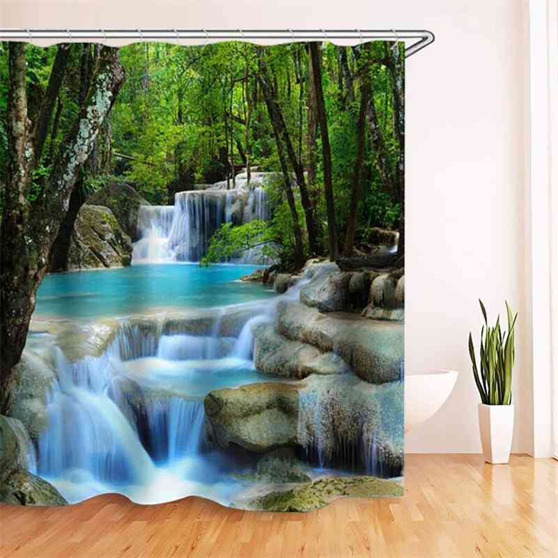 3D Waterfall Scenery Waterproof Shower Curtain Bathroom Landscape Trees Flower Bath Mat Set Pedestal Rug Lid Toilet Cover 210402
