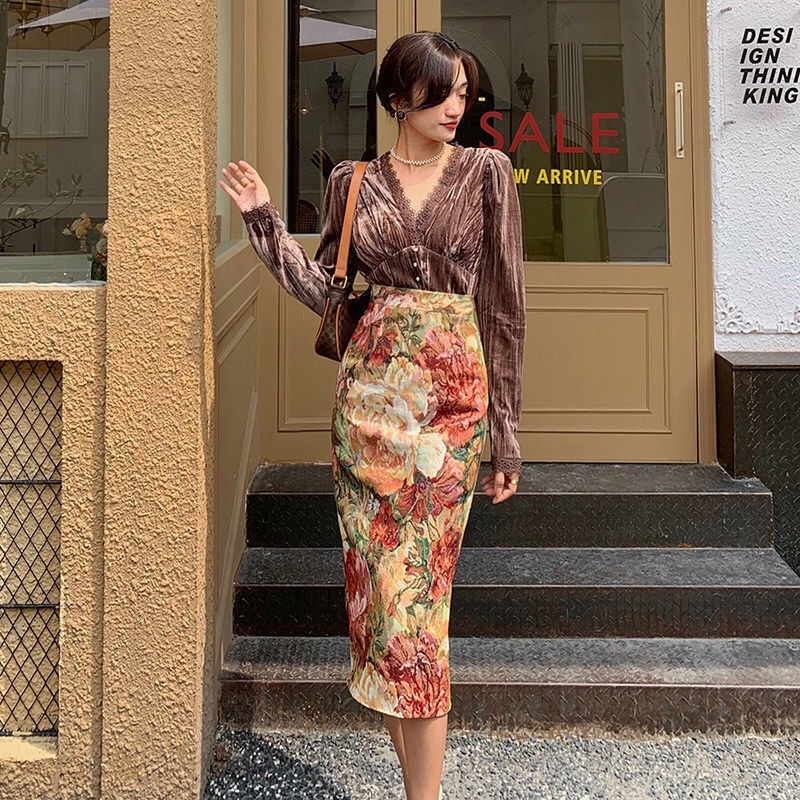 women midi skirt painting retro sunflower printed high waist pencil summer Victorian vintage harajuku faldas largas jupe 210421