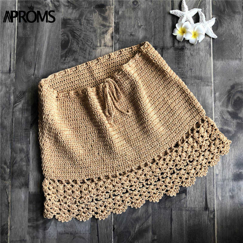 Aproms Elegant Handmade Cotton Crochet Mini Skirts Women Summer High Waist Bow Tie Skirt Ladies Beach Bikini Bottoms Saias 210619